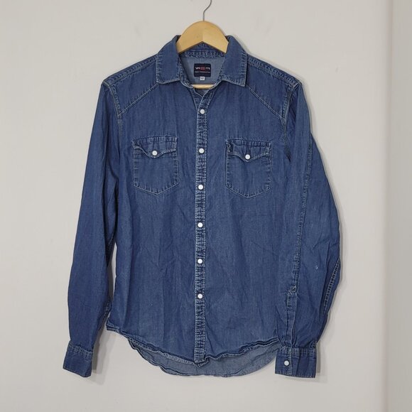 Vintage Blue Jeans Pockets Cotton Collared Slim Fit Button-Up Denim Shirt Small - Picture 4 of 14
